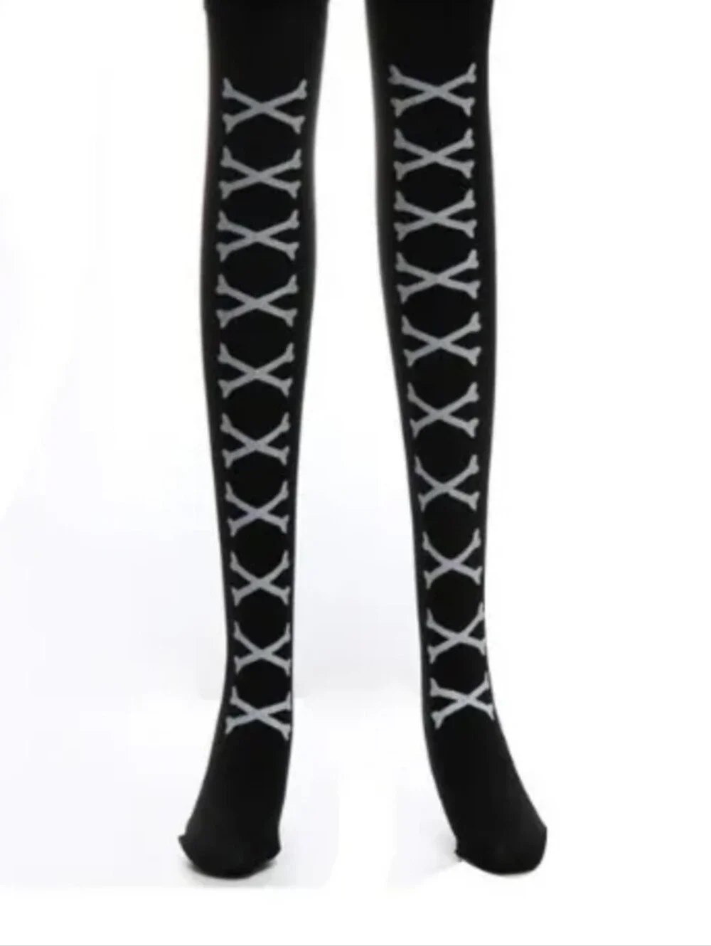 Black With White Crossbones Thigh-High Socks